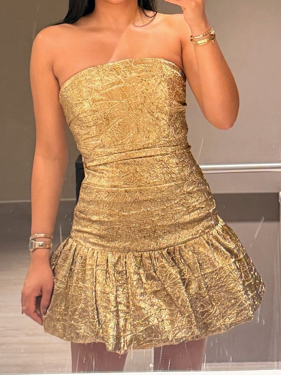 NADINE MERABI Dresses & Skirts - NADINE MERABI Strapless Metallic Gold Ruffle Hem Mini Dress